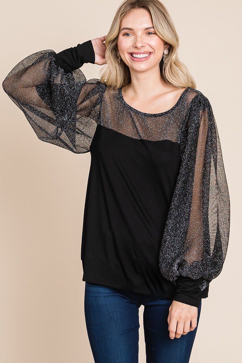 Super Lady Full Size Metallic Mesh Lantern Sleeve Blouse - Love Salve